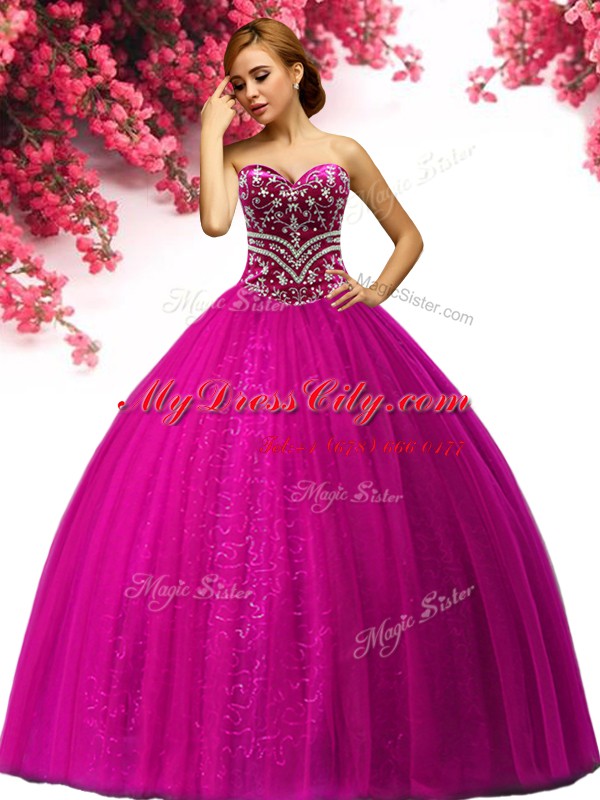 Pretty Fuchsia Sleeveless Tulle Lace Up Sweet 16 Dresses for Military Ball and Sweet 16 and Quinceanera