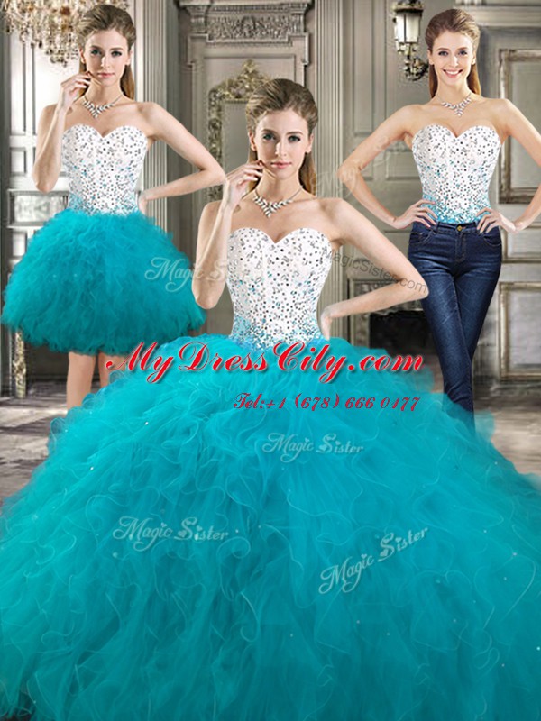 Sweet Three Piece Sweetheart Sleeveless Lace Up Quinceanera Dresses White Tulle