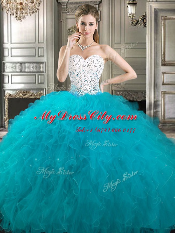 Sweet Three Piece Sweetheart Sleeveless Lace Up Quinceanera Dresses White Tulle