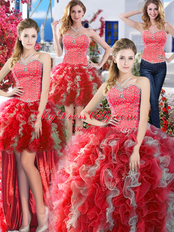 Chic Four Piece Sweetheart Sleeveless Organza Quinceanera Gown Beading Lace Up