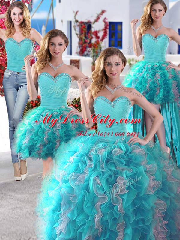 Four Piece Ball Gowns Quinceanera Gown White and Baby Blue Sweetheart Organza Sleeveless Floor Length Lace Up