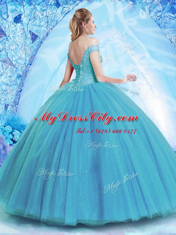 Excellent Off the Shoulder Teal Sleeveless Brush Train Beading With Train Quinceanera Dress