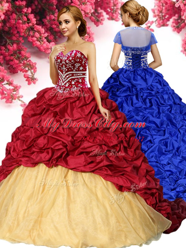 Wine Red Ball Gowns Sweetheart Sleeveless Taffeta With Brush Train Lace Up Pick Ups Quinceanera Gown