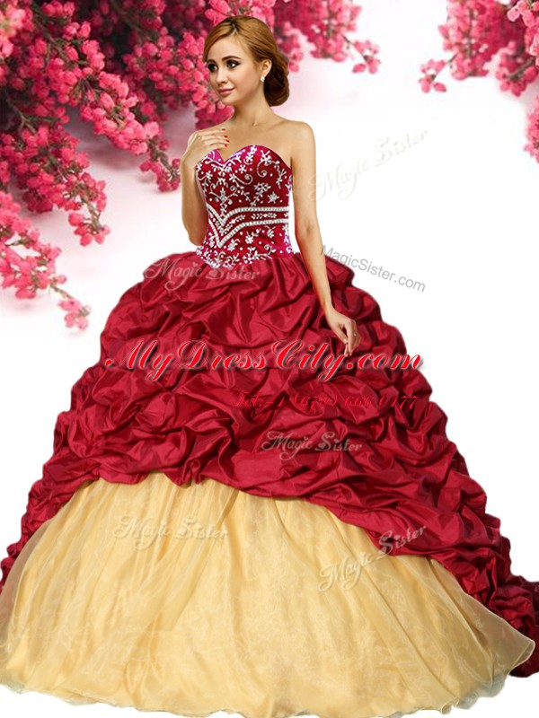 Wine Red Ball Gowns Sweetheart Sleeveless Taffeta With Brush Train Lace Up Pick Ups Quinceanera Gown