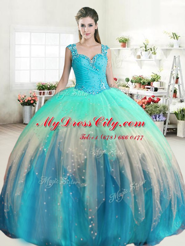 Straps Floor Length Zipper Quinceanera Gowns Multi-color for Military Ball and Sweet 16 and Quinceanera with Beading and Ruffled Layers