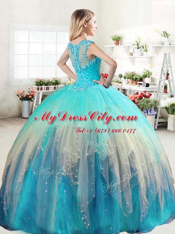 Straps Floor Length Zipper Quinceanera Gowns Multi-color for Military Ball and Sweet 16 and Quinceanera with Beading and Ruffled Layers