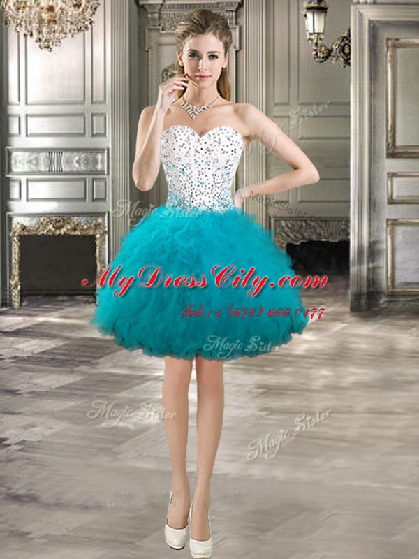 Trendy Teal Prom Dress Prom and Party and For with Beading and Ruffles Sweetheart Sleeveless Lace Up