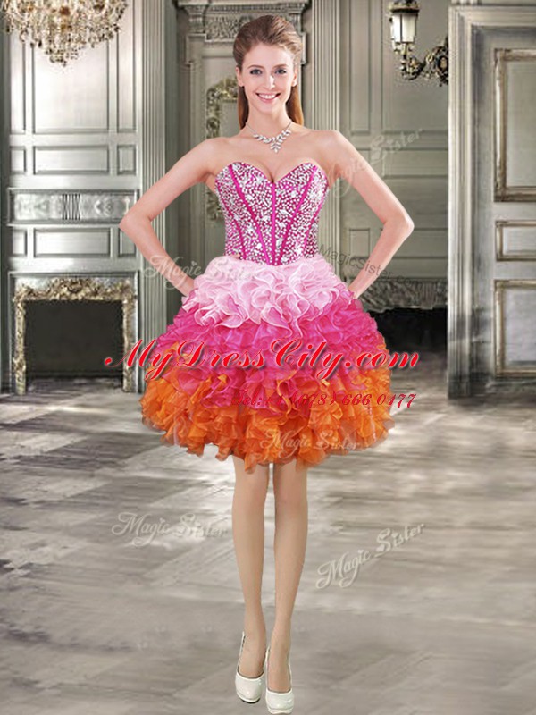 Glorious Multi-color Ball Gowns Organza Sweetheart Sleeveless Beading and Ruffles Mini Length Lace Up Dress for Prom