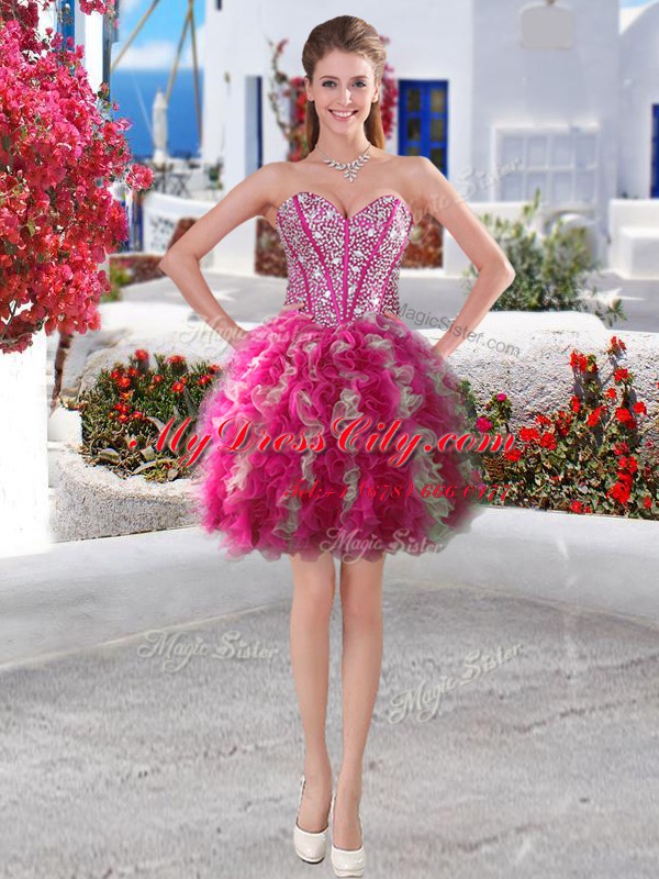 Sleeveless Mini Length Beading and Ruffles Lace Up Evening Dress with Fuchsia