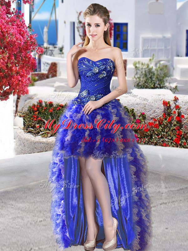 Comfortable Organza Sweetheart Sleeveless Lace Up Appliques and Ruffles Homecoming Dress in Royal Blue