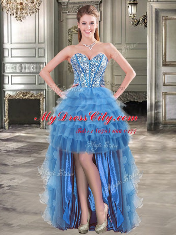 Ruffled High Low Blue Pageant Dress for Womens Sweetheart Sleeveless Lace Up