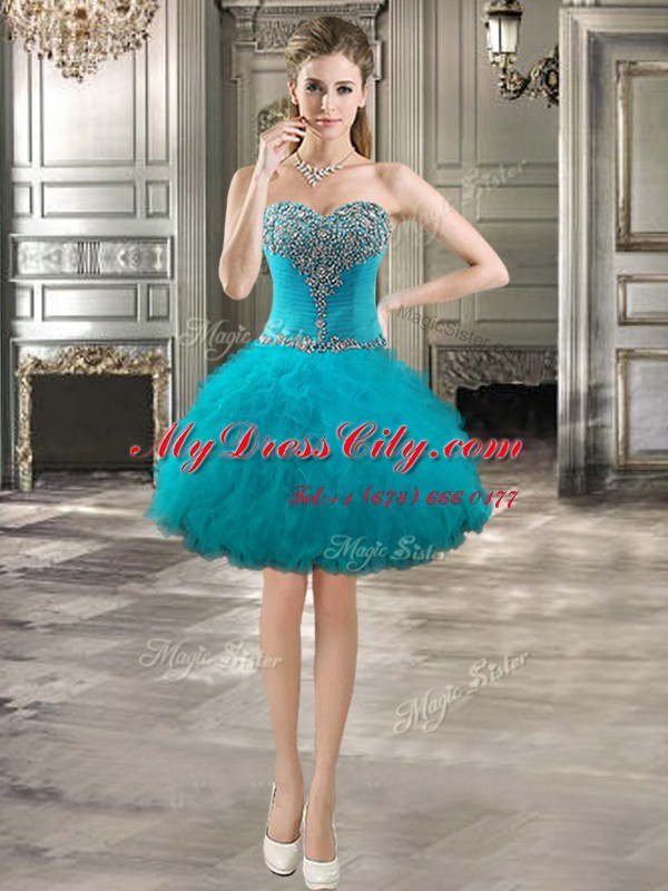 Customized Mini Length Lace Up Cocktail Dresses Teal for Prom and Party with Beading and Ruffles