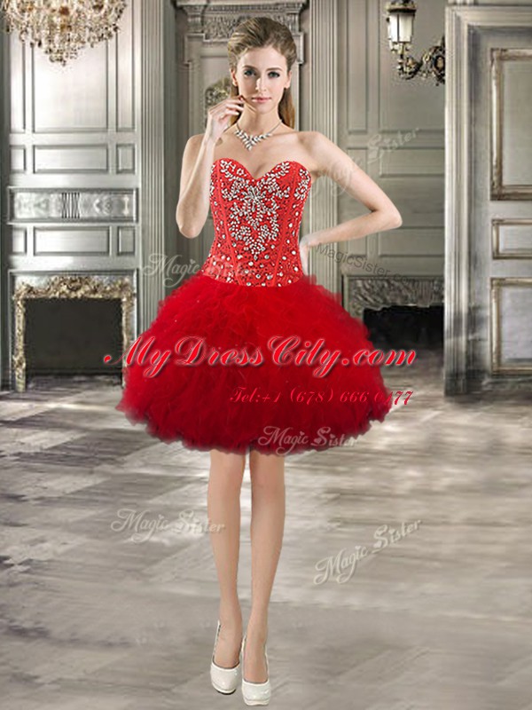 Best Beading and Ruffles Prom Gown Red Lace Up Sleeveless Mini Length