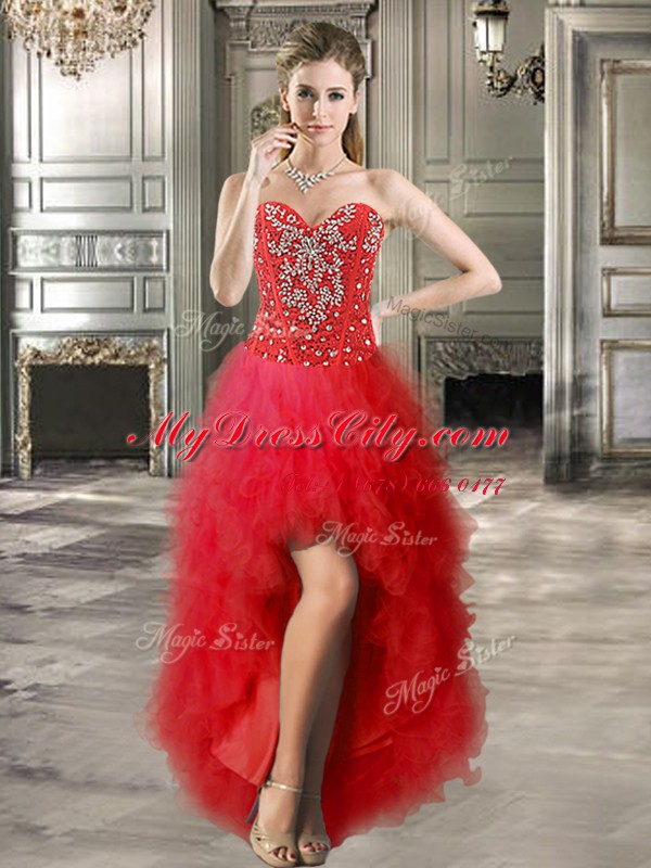 Red A-line Beading and Ruffles Pageant Dress Wholesale Lace Up Tulle Sleeveless High Low