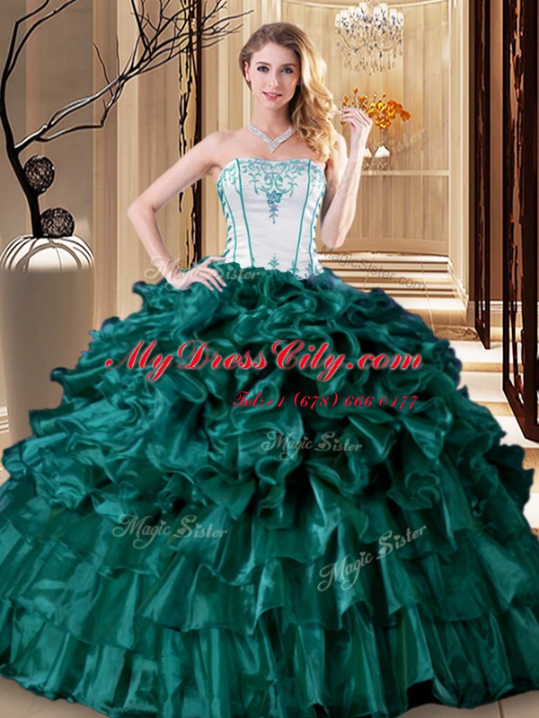 Turquoise 15 Quinceanera Dress Military Ball and Sweet 16 and Quinceanera and For with Ruffles and Ruffled Layers Strapless Sleeveless Lace Up