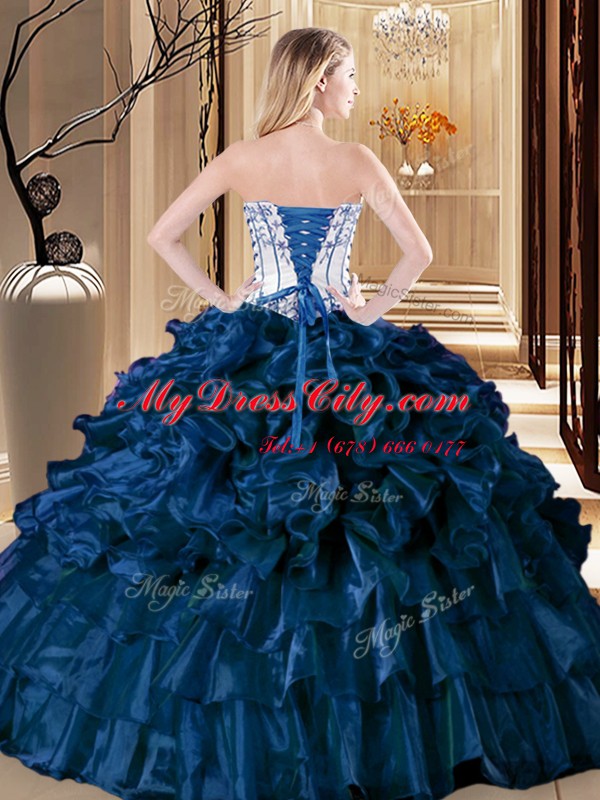 Turquoise 15 Quinceanera Dress Military Ball and Sweet 16 and Quinceanera and For with Ruffles and Ruffled Layers Strapless Sleeveless Lace Up