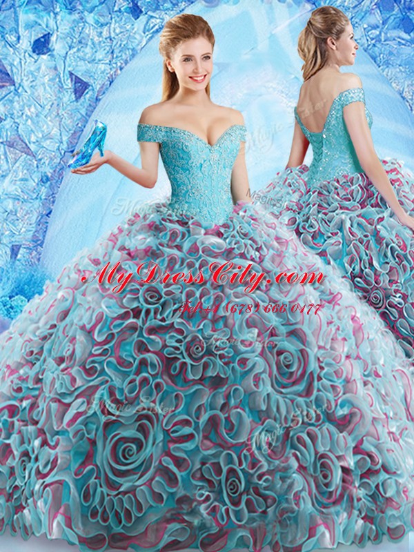 Low Price Off the Shoulder Multi-color Fabric With Rolling Flowers Backless Quinceanera Gown Sleeveless Court Train Beading and Appliques and Ruffles