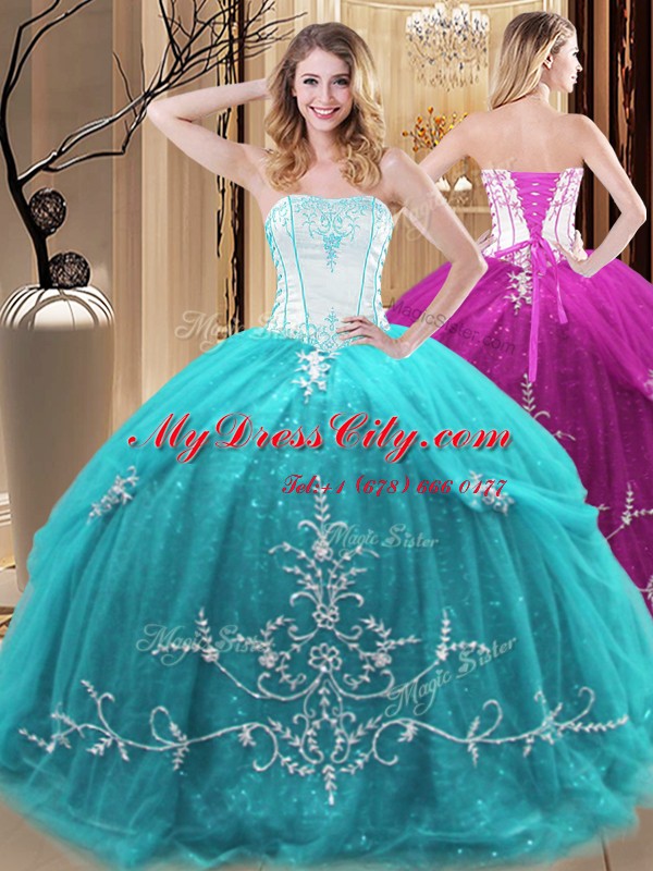 Trendy Sleeveless Floor Length Embroidery Lace Up Sweet 16 Dresses with Aqua Blue