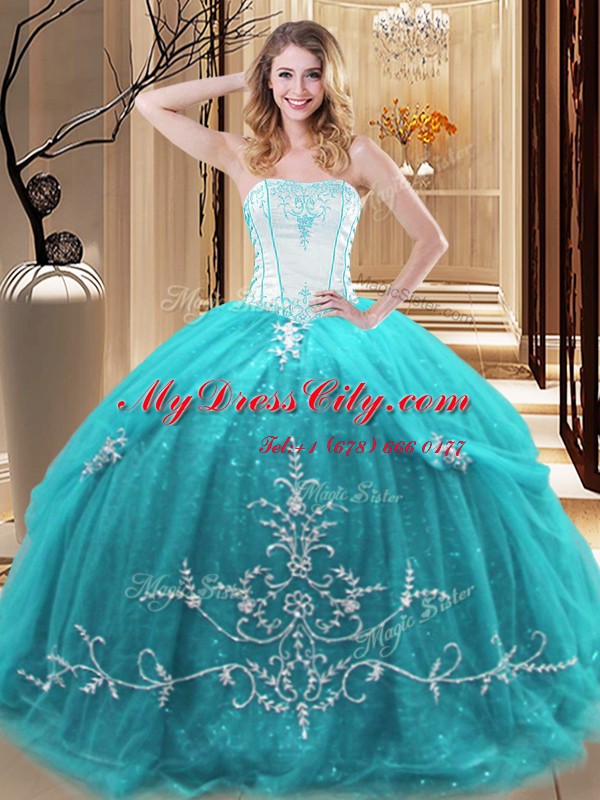 Trendy Sleeveless Floor Length Embroidery Lace Up Sweet 16 Dresses with Aqua Blue