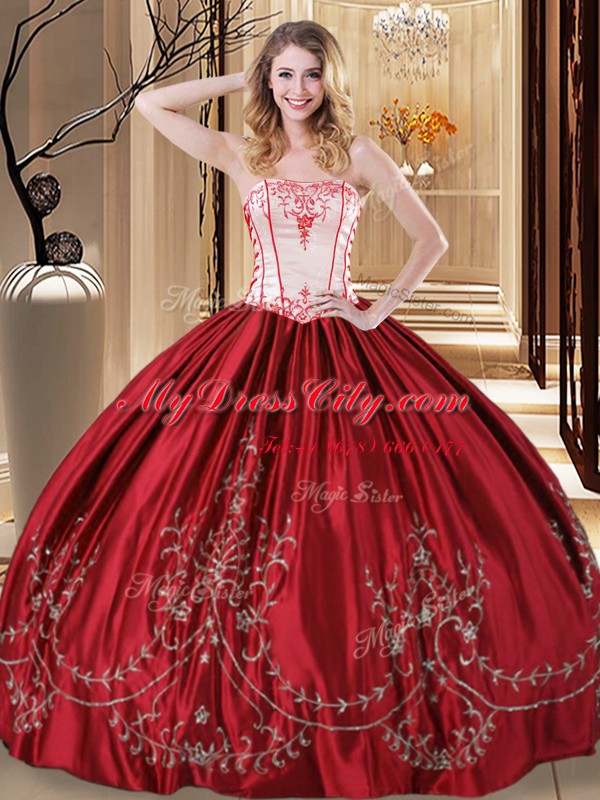 Customized Floor Length Wine Red Ball Gown Prom Dress Taffeta Sleeveless Embroidery