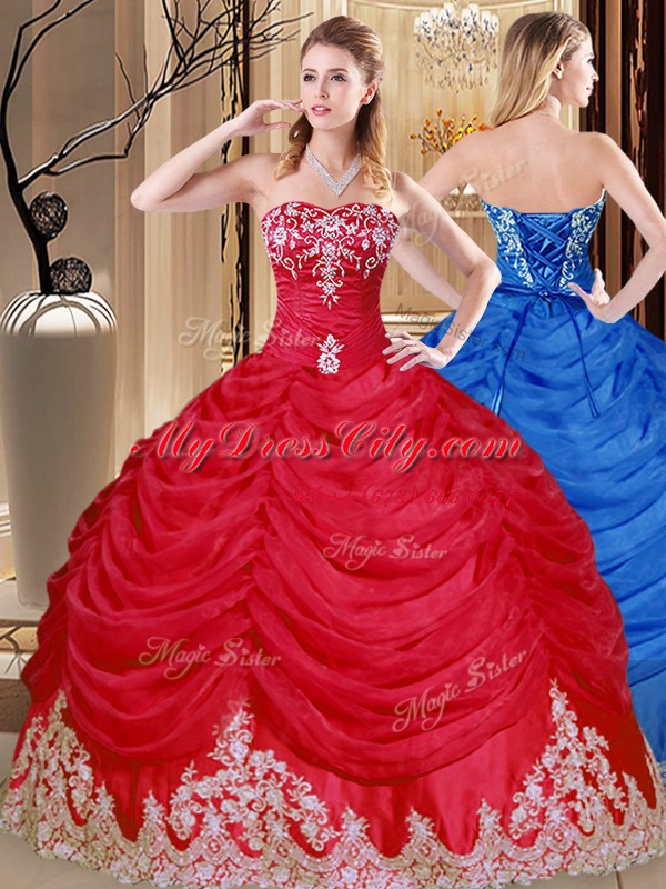 Coral Red Sleeveless Floor Length Appliques and Pick Ups Lace Up Quinceanera Dresses