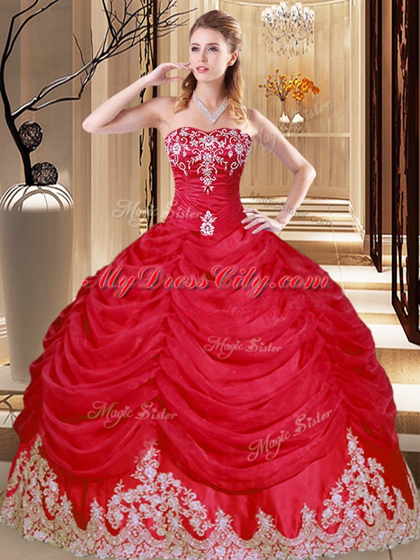 Coral Red Sleeveless Floor Length Appliques and Pick Ups Lace Up Quinceanera Dresses