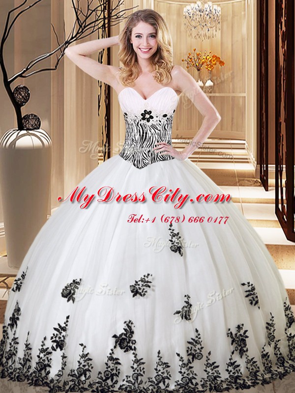 Sleeveless Tulle Floor Length Lace Up Sweet 16 Quinceanera Dress in White with Appliques