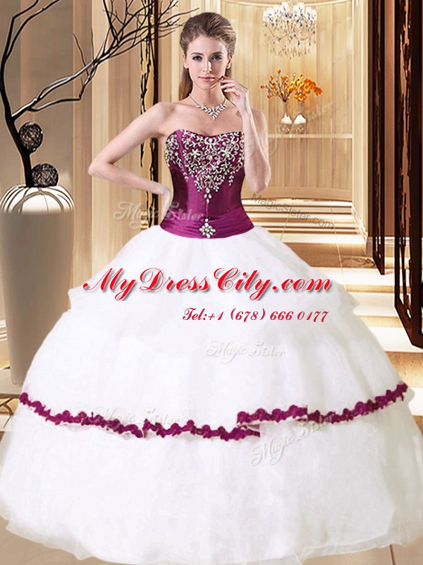 Trendy White Organza Lace Up Strapless Sleeveless Floor Length Quinceanera Dresses Beading