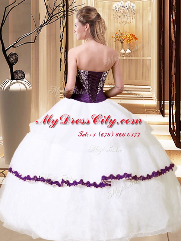 Trendy White Organza Lace Up Strapless Sleeveless Floor Length Quinceanera Dresses Beading