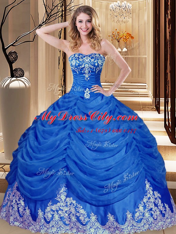 Deluxe Royal Blue Lace Up Sweetheart Appliques and Pick Ups Vestidos de Quinceanera Tulle Sleeveless