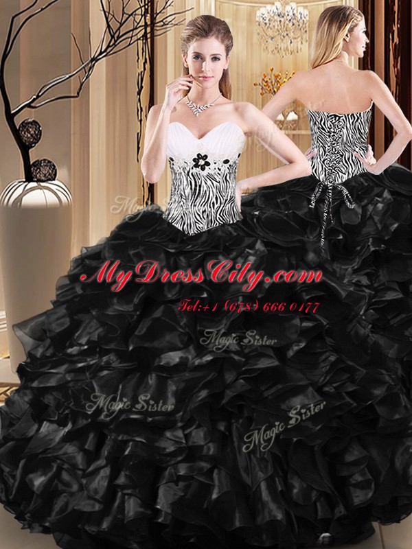 Floor Length Ball Gowns Sleeveless Black Quinceanera Dresses Lace Up