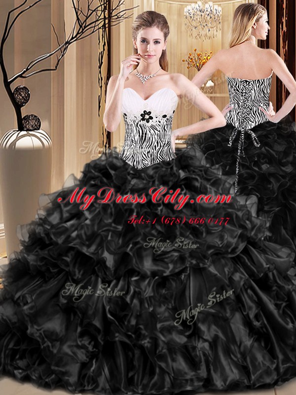 Floor Length Black Quince Ball Gowns Sweetheart Sleeveless Lace Up