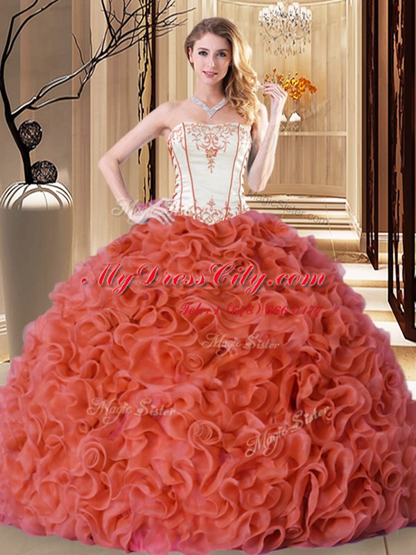 Chic Rust Red 15th Birthday Dress Military Ball and Sweet 16 and Quinceanera and For with Embroidery and Ruffles Strapless Sleeveless Lace Up