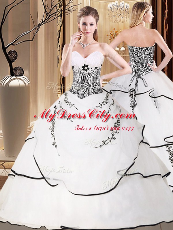 Lace Up 15th Birthday Dress White for Military Ball and Sweet 16 and Quinceanera with Embroidery Sweep Train