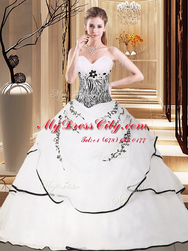 Lace Up 15th Birthday Dress White for Military Ball and Sweet 16 and Quinceanera with Embroidery Sweep Train