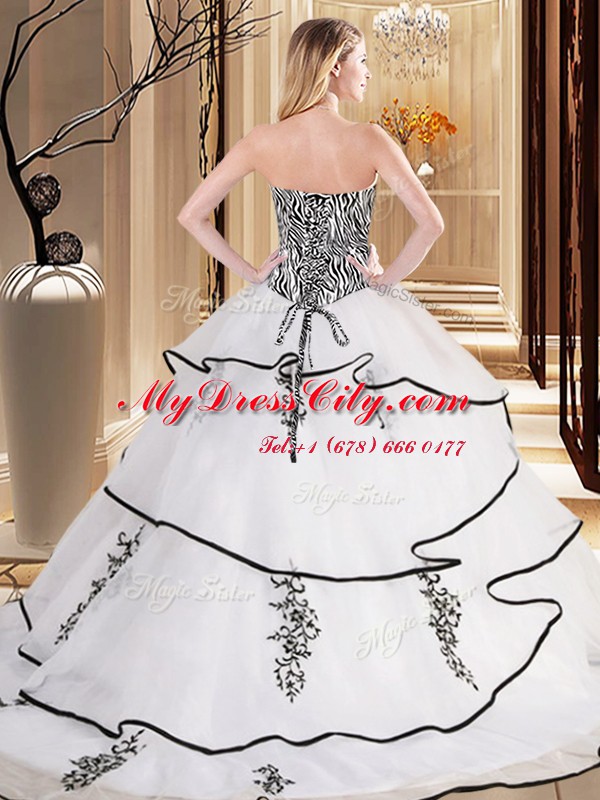 Lace Up 15th Birthday Dress White for Military Ball and Sweet 16 and Quinceanera with Embroidery Sweep Train