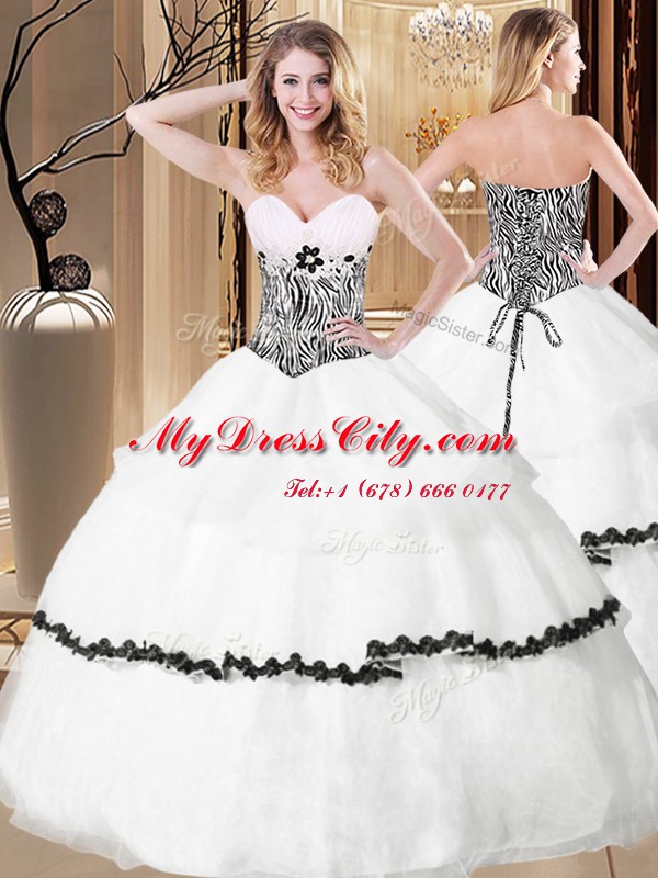 Graceful White Ball Gowns Sweetheart Sleeveless Organza Floor Length Lace Up Ruffled Layers and Pattern 15th Birthday Dress