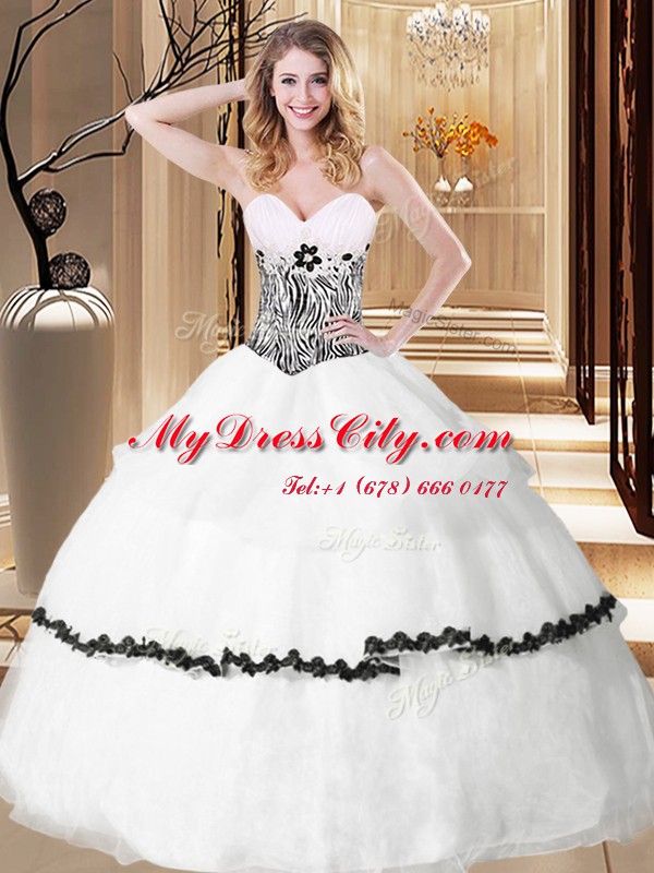 Graceful White Ball Gowns Sweetheart Sleeveless Organza Floor Length Lace Up Ruffled Layers and Pattern 15th Birthday Dress