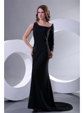 Modest Asymmetrical Black Column Sweep Train Prom Dress with Long Sleeve