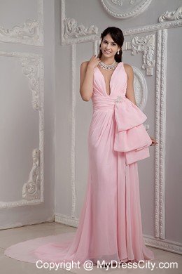Baby Pink V-neck Court Train Prom Party Dress with Chiffon Beading