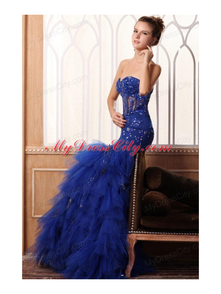 Sweetheart Mermaid Appliques And Ruffles Layered Prom Dress In Blue