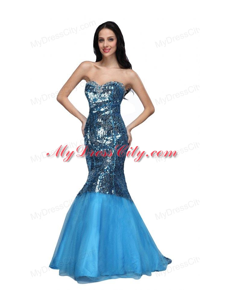 Mermaid Blue Sweetheart Sequins Beading Organza Long Prom Dress ...