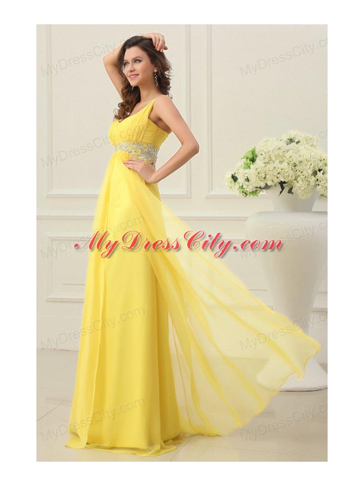 One Shoulder Yellow Empire Chiffon Rhinestone Decorate Prom Dress