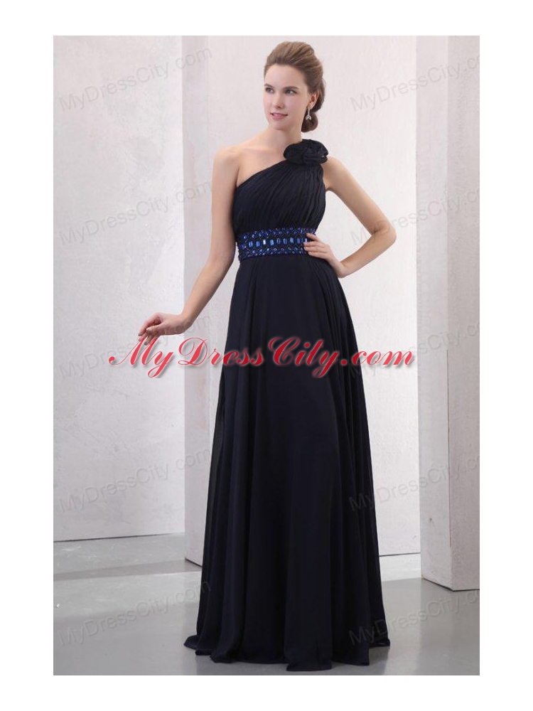 Navy Blue Empire One Shoulder Prom Dress with Beading and Flower ...