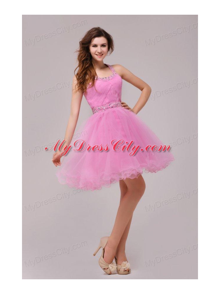 Rose Pink Halter Top Beading and Ruching Prom Dress
