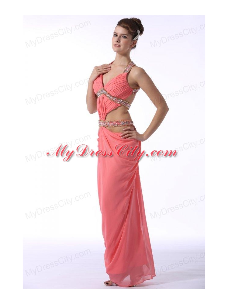 Watermelon Red Halter Top Sexy Prom Dress With Beading 3214