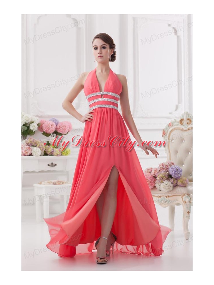 Watermelon Halter top High Slit Chiffon Prom Dress with Beading