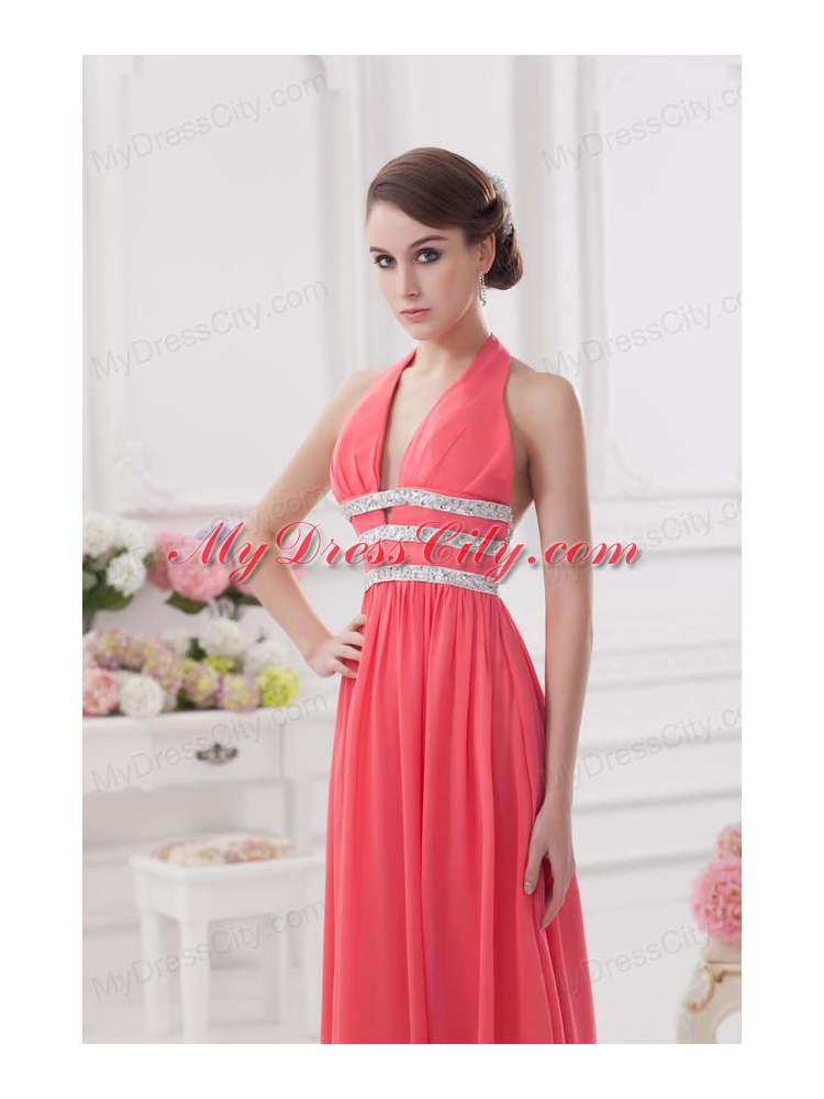 Watermelon Halter Top High Slit Chiffon Prom Dress With Beading 9786