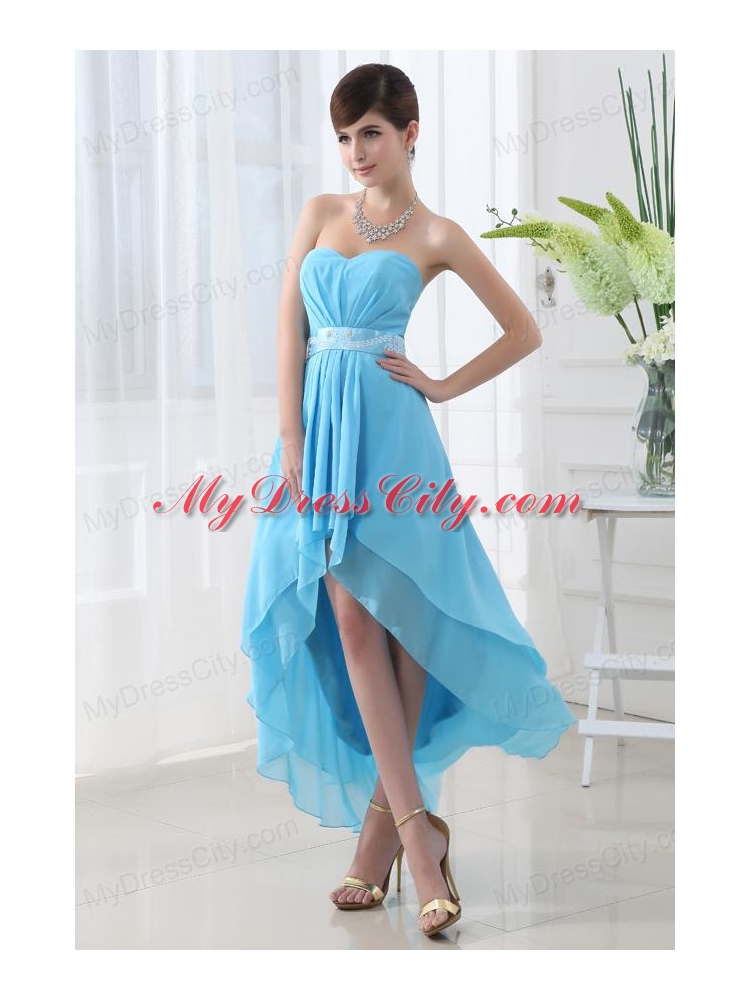 A-line Baby Blue Chiffon High-low Sweatheart Dress Prom with Belt
