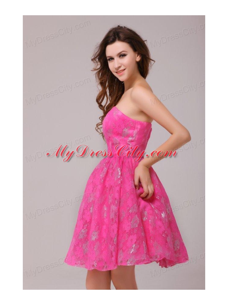 A Line Hot Pink Strapless Knee Length Prom Dress 